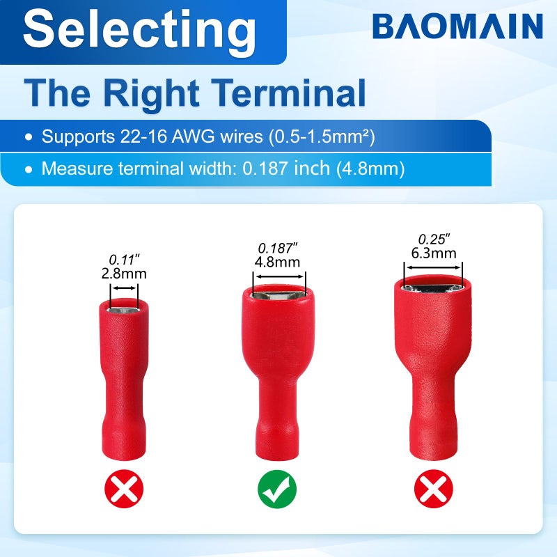 Baomain 100-Pack 0.187" Female Quick Disconnect Spade Terminals, 22-16 AWG 4.8mm (3/16 inch), Fully Insulated Crimp Connectors Red - Image 4